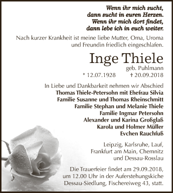 Traueranzeige von Inge Thiele von WVG - Wochenspiegel Dessau / Köthen