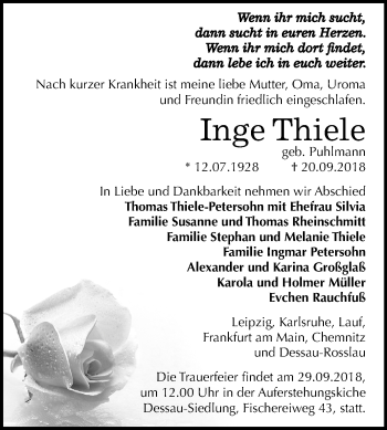 Traueranzeige von Inge Thiele von Mitteldeutsche Zeitung Dessau-Roßlau