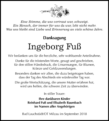 Traueranzeige von Ingeborg Fuß von WVG - Wochenspiegel Merseburg