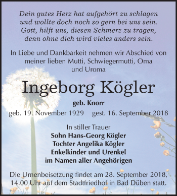 Traueranzeige von Ingeborg Kögler von Mitteldeutsche Zeitung Halle/Saalkreis