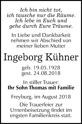 Traueranzeige von Ingeborg Kühner von Mitteldeutsche Zeitung