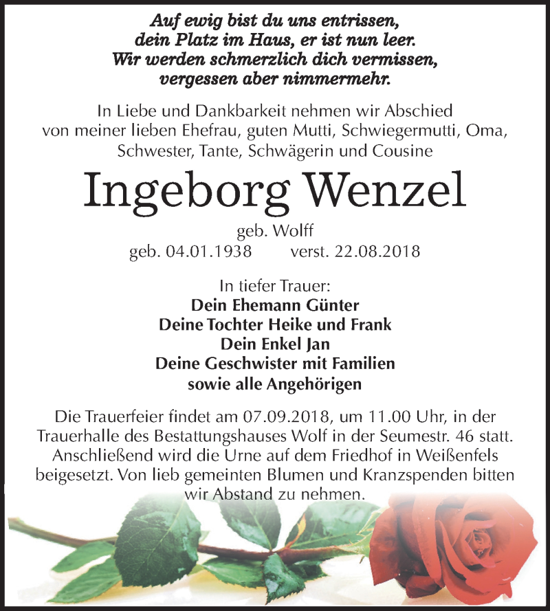  Traueranzeige für Ingeborg Wenzel vom 01.09.2018 aus Mitteldeutsche Zeitung Weißenfels
