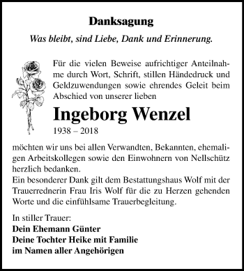 Traueranzeige von Ingeborg Wenzel von Mitteldeutsche Zeitung Weißenfels