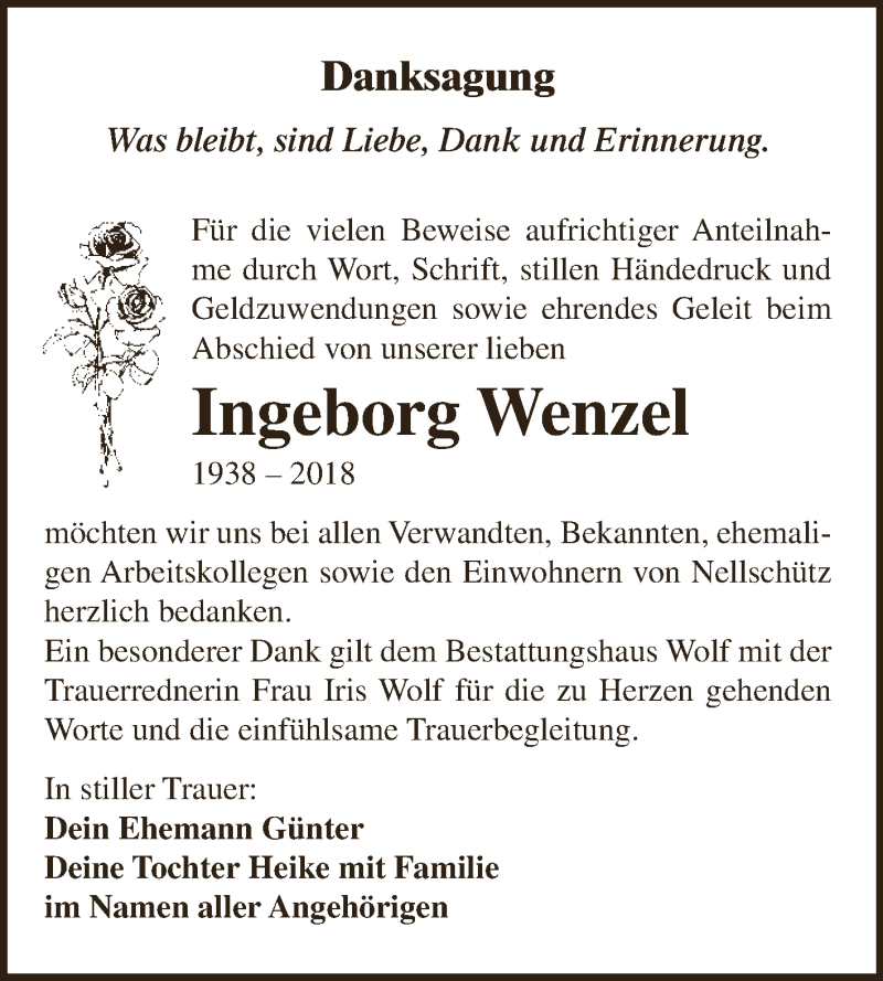  Traueranzeige für Ingeborg Wenzel vom 19.09.2018 aus WVG - Wochenspiegel NMB / WSF / ZTZ