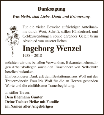 Traueranzeige von Ingeborg Wenzel von WVG - Wochenspiegel NMB / WSF / ZTZ