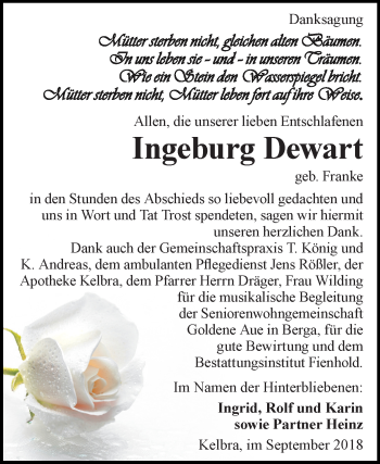 Traueranzeige von Ingeburg Dewart von Mitteldeutsche Zeitung