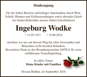 Traueranzeige von Ingeburg Wodke von WVG - Wochenspiegel Dessau / Köthen
