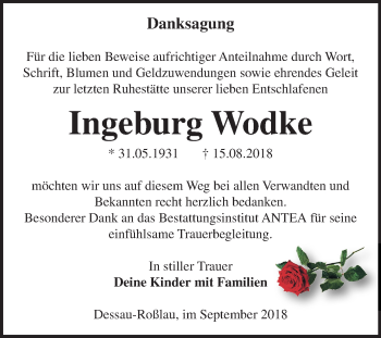 Traueranzeige von Ingeburg Wodke von Mitteldeutsche Zeitung Dessau-Roßlau