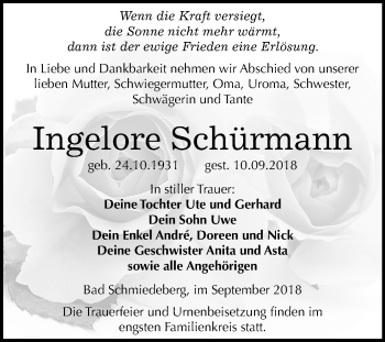 Traueranzeige von Ingelore Schürmann von Mitteldeutsche Zeitung