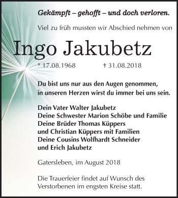 Traueranzeige von Ingo Jakubetz von Mitteldeutsche Zeitung Aschersleben