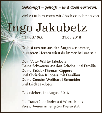 Traueranzeige von Ingo Jakubetz von Super Sonntag Aschersleben