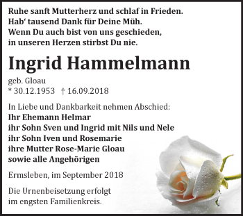 Traueranzeige von Ingrid Hammelmann von Mitteldeutsche Zeitung Quedlinburg