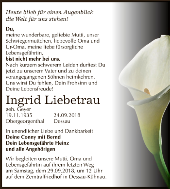 Traueranzeige von Ingrid Liebetrau von WVG - Wochenspiegel Dessau / Köthen