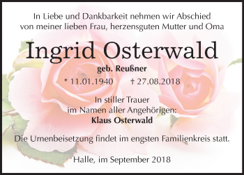 Traueranzeige von Ingrid Osterwald von Mitteldeutsche Zeitung Halle/Saalkreis