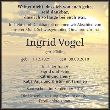 Traueranzeige von Ingrid Vogel von Mitteldeutsche Zeitung Zeitz