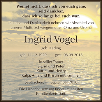 Traueranzeige von Ingrid Vogel von Super Sonntag Zeitz