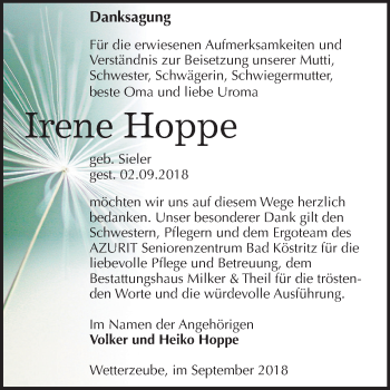 Traueranzeige von Irene Hoppe von Mitteldeutsche Zeitung Zeitz