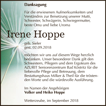 Traueranzeige von Irene Hoppe von Super Sonntag Zeitz