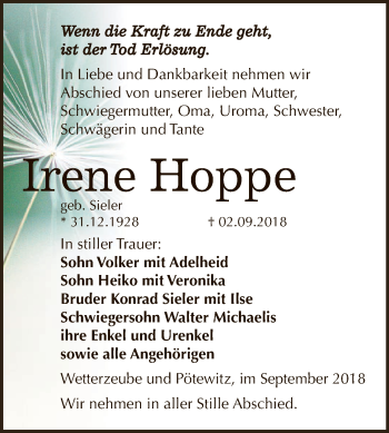 Traueranzeige von Irene Hoppe von Super Sonntag Zeitz