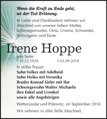 Traueranzeige von Irene Hoppe von Mitteldeutsche Zeitung Zeitz
