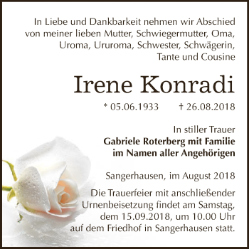 Traueranzeige von Irene Konradi von Super Sonntag SGH Mansf. Land