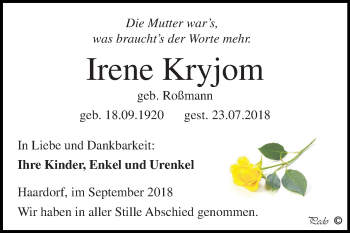 Traueranzeige von Irene Kryjom von Mitteldeutsche Zeitung Zeitz