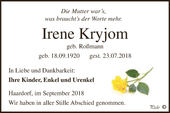 Traueranzeige von Irene Kryjom von Super Sonntag Zeitz