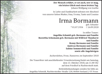 Traueranzeige von Irma Bormann von Mitteldeutsche Zeitung Aschersleben