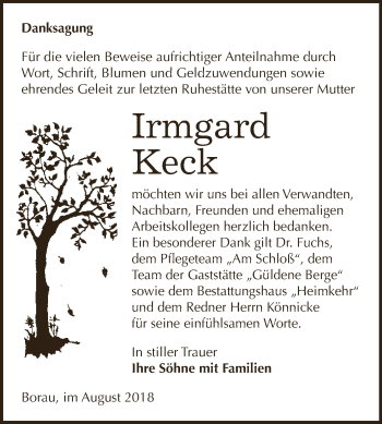 Traueranzeige von Irmgard Keck von WVG - Wochenspiegel NMB / WSF / ZTZ