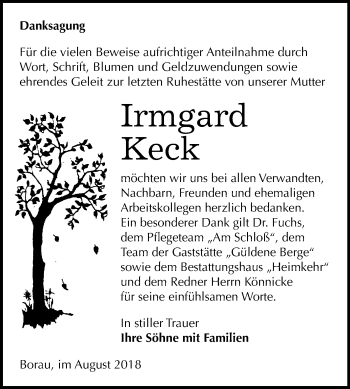 Traueranzeige von Irmgard Keck von Mitteldeutsche Zeitung Weißenfels
