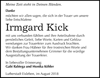 Traueranzeige von Irmgard Kick von Mitteldeutsche Zeitung
