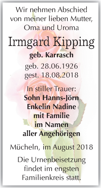 Traueranzeige von Irmgard Kipping von Mitteldeutsche Zeitung Merseburg/Querfurt