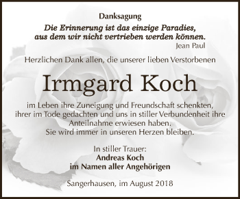 Traueranzeige von Irmgard Koch von Super Sonntag SGH Mansf. Land