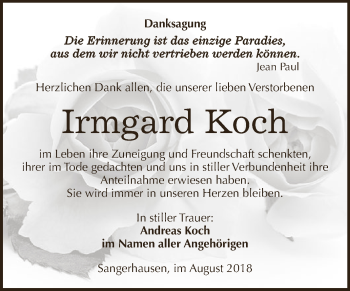 Traueranzeige von Irmgard Koch von Super Sonntag SGH Mansf. Land