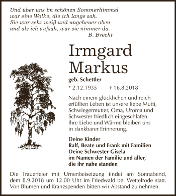 Traueranzeige von Irmgard Markus von Super Sonntag SGH Mansf. Land