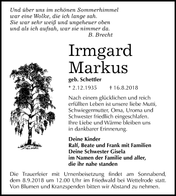 Traueranzeige von Irmgard Markus von Mitteldeutsche Zeitung Sangerhausen
