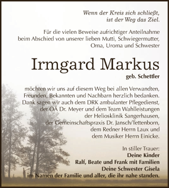 Traueranzeige von Irmgard Markus von Super Sonntag SGH Mansf. Land