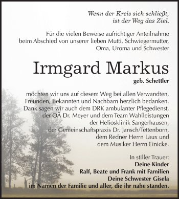 Traueranzeige von Irmgard Markus von Mitteldeutsche Zeitung