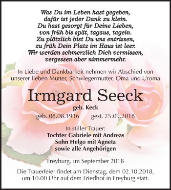 Traueranzeige von Irmgard Seeck von Mitteldeutsche Zeitung