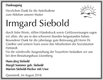 Traueranzeige von Irmgard Siebold von Mitteldeutsche Zeitung