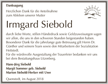 Traueranzeige von Irmgard Siebold von Wochenspiegel Mansfelder Land