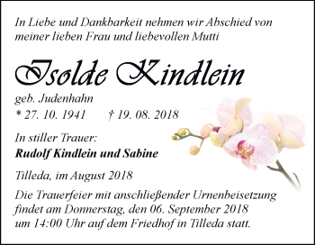 Traueranzeige von Isolde Kindlein von Mitteldeutsche Zeitung Sangerhausen