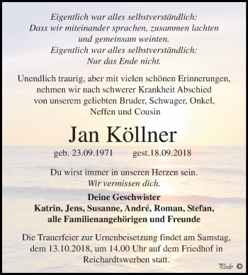 Traueranzeige von Jan Köllner von Mitteldeutsche Zeitung Weißenfels