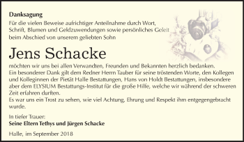 Traueranzeige von Jens Schacke von Mitteldeutsche Zeitung Halle/Saalkreis
