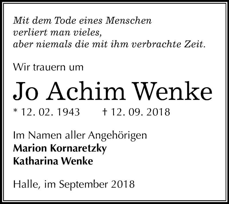  Traueranzeige für Jo Achim Wenke vom 29.09.2018 aus Mitteldeutsche Zeitung Halle/Saalkreis
