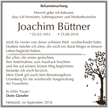 Traueranzeige von Joachim Büttner von Super Sonntag SGH Mansf. Land