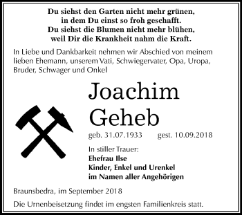 Traueranzeige von Joachim Geheb von Mitteldeutsche Zeitung Merseburg/Querfurt