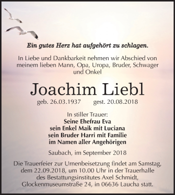 Traueranzeige von Joachim Liebl von Mitteldeutsche Zeitung