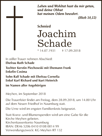 Traueranzeige von Joachim Schade von WVG - Wochenspiegel NMB / WSF / ZTZ