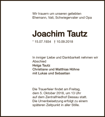 Traueranzeige von Joachim Tautz von WVG - Wochenspiegel Dessau / Köthen